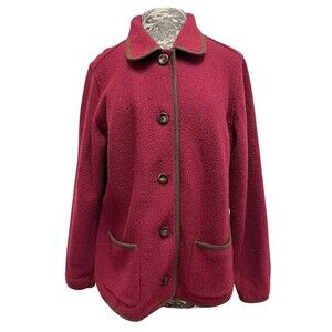 LL Bean Coat‎ Red Wool Cottagecore Cabincore Brown Trim Button Up Pockets XL